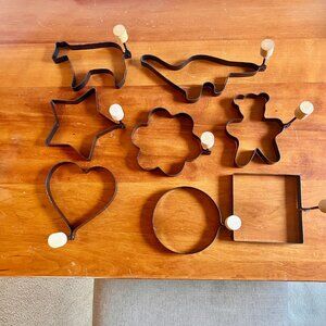 8 Vintage Metal Cookie Cutters, Cookie Molds, Pancake Molds, Gift Tag Cutouts